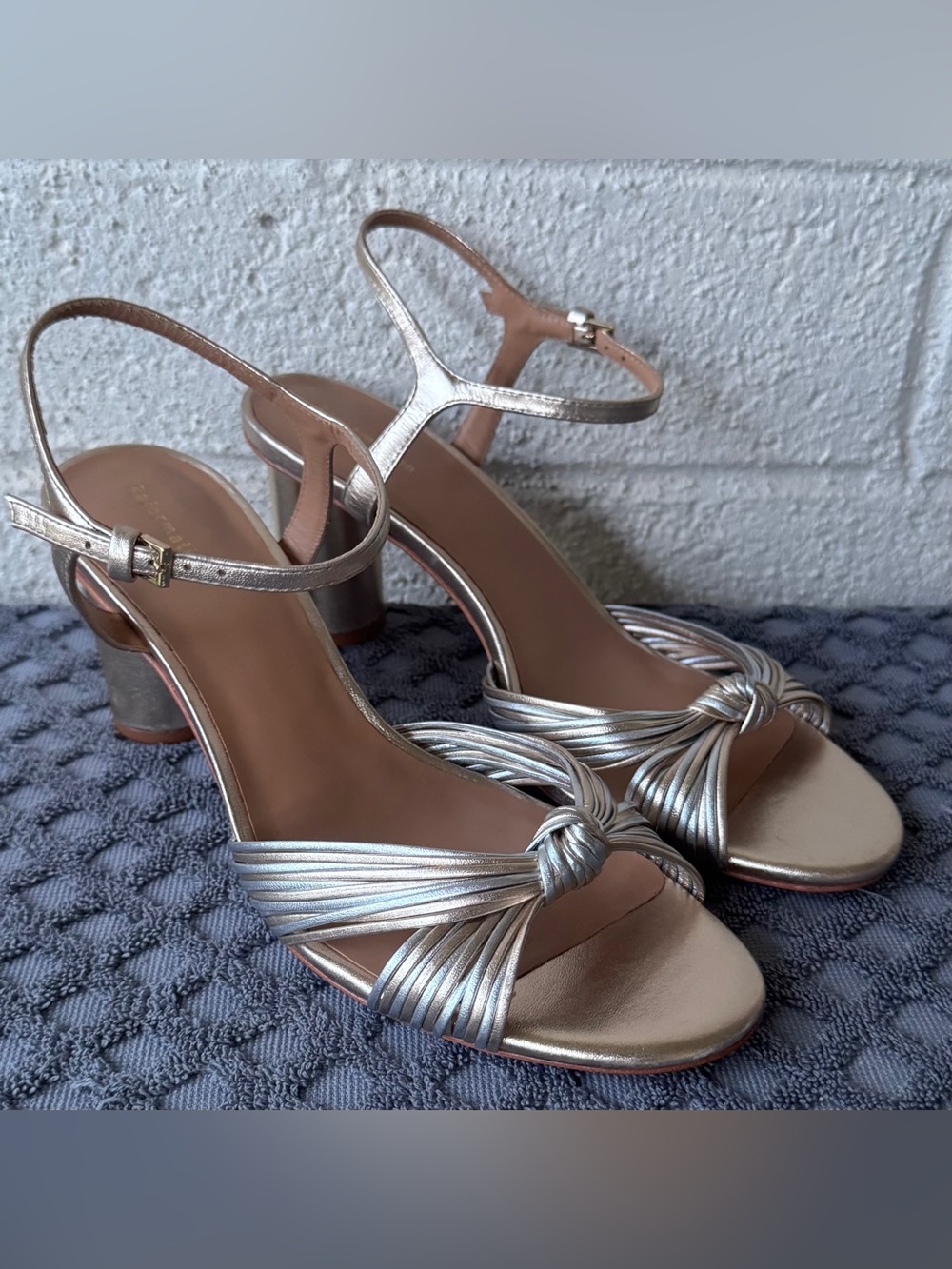 Reformation Petra Cylinder Gold-Silver Leather Heel Sandal Size 8